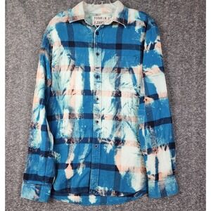 Franklin Flannels Upcycled Flannel Mens Medium Blue Bleached Plaid Button Down